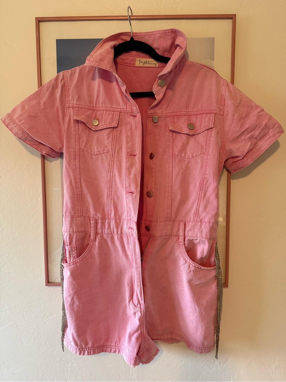 Women's Pink Short-Sleeve Romper with Rhinestone Dangles